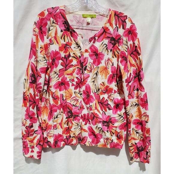 Sigrid Olsen Sweaters - Sigrid Olsen Women's Sweater M Floral Pink White Satin Buttons Front and Cuff